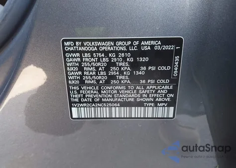 2022 Volkswagen Atlas 3.6L V6 Se W/Technology from USA, damaged, VIN 1V2WR2CA2NC525064